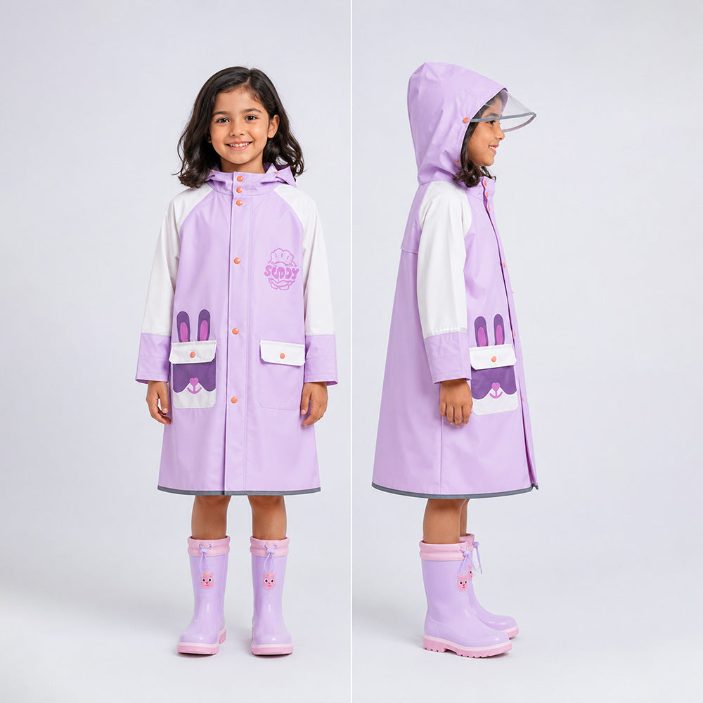 Child wearing a purple raincoat with bunny designs on a white background