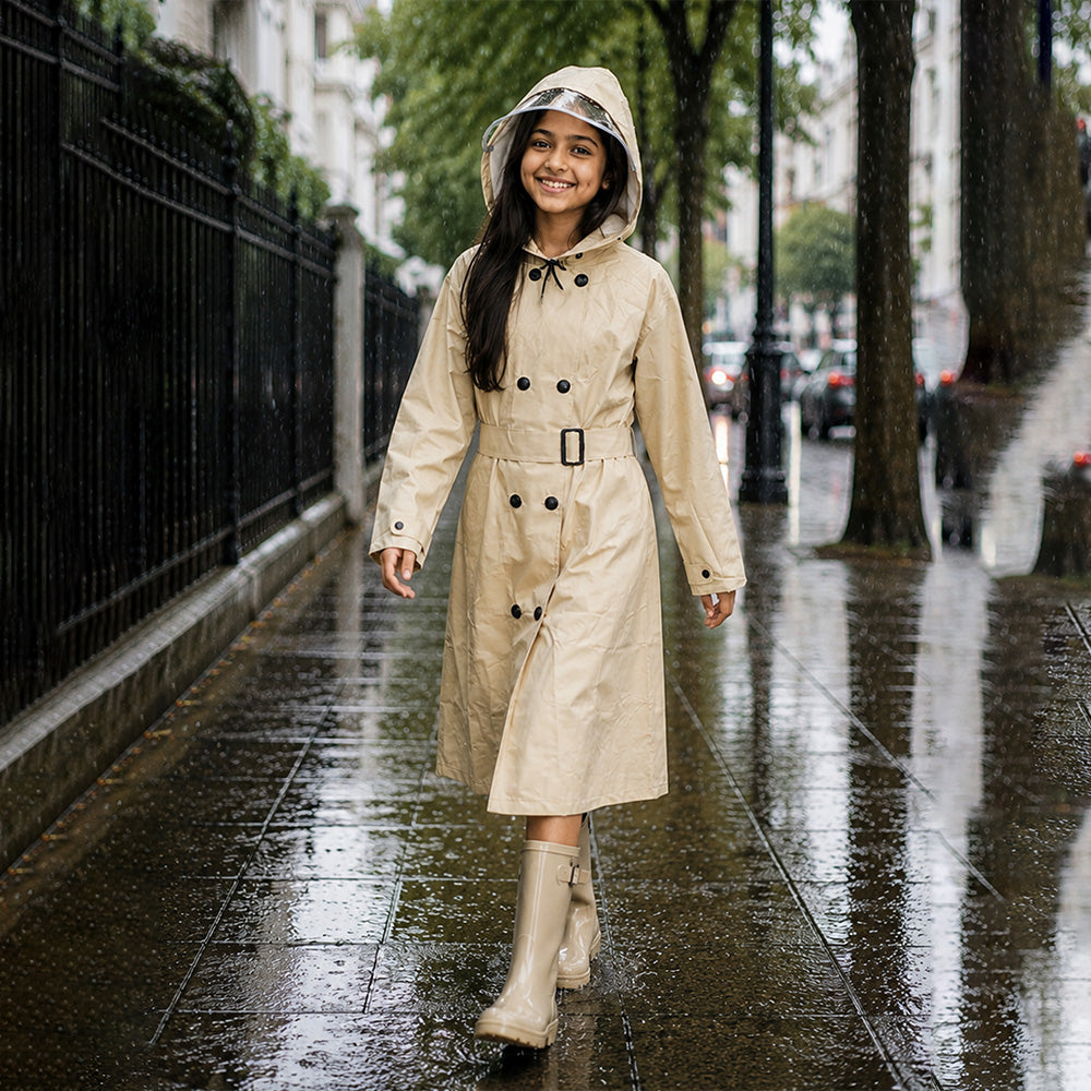 Woman in a beige trench coat walking on a rainy city street.