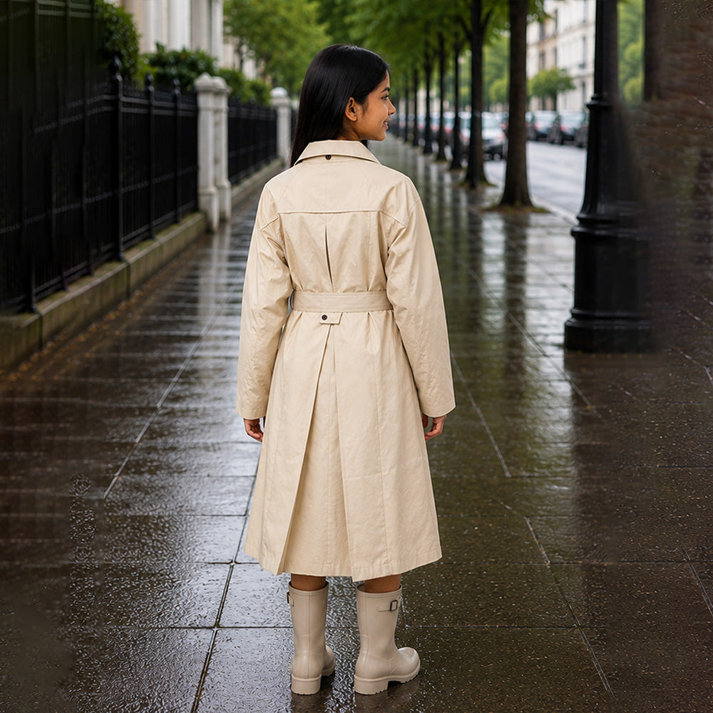 Woman in a beige trench coat walking on a rain-soaked street.