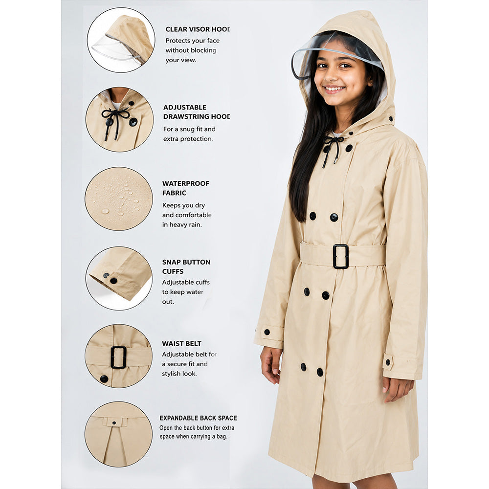 Beige raincoat with clear visor and adjustable features on a white background