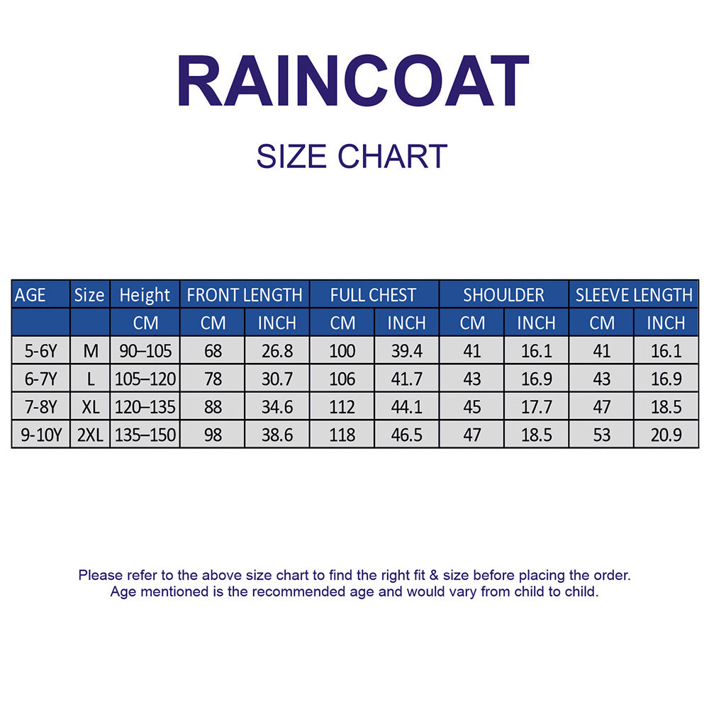 Raincoat size chart with age, size, height, front length, full chest, shoulder, and sleeve length measurements.