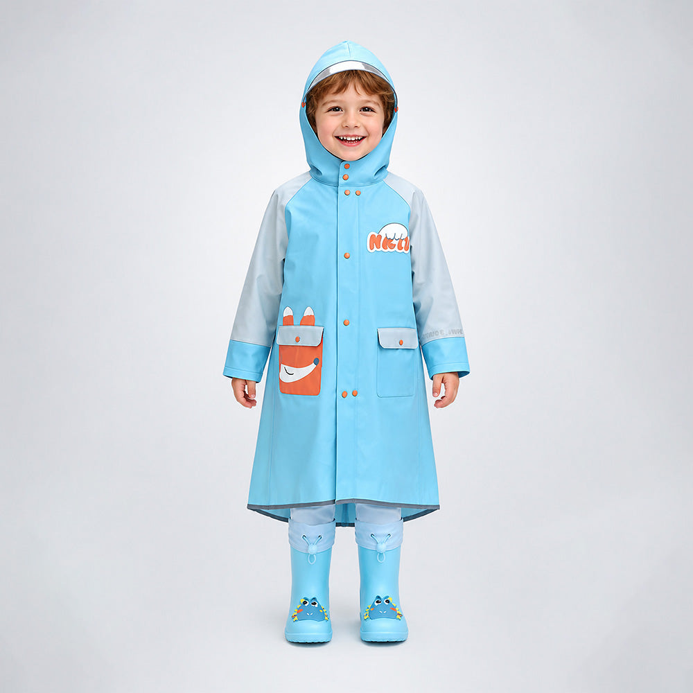Child wearing a blue raincoat with cartoon character design on a white background