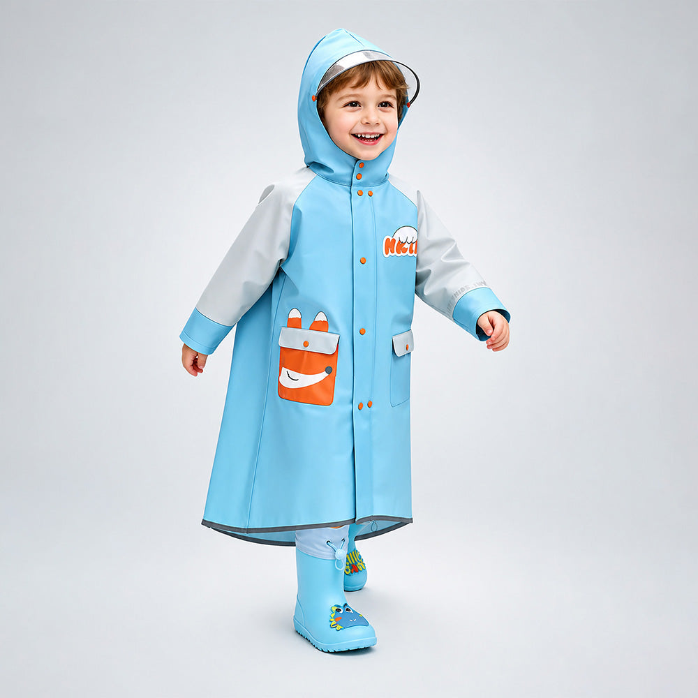 Child wearing a blue raincoat with a cartoon fox design on a gray background