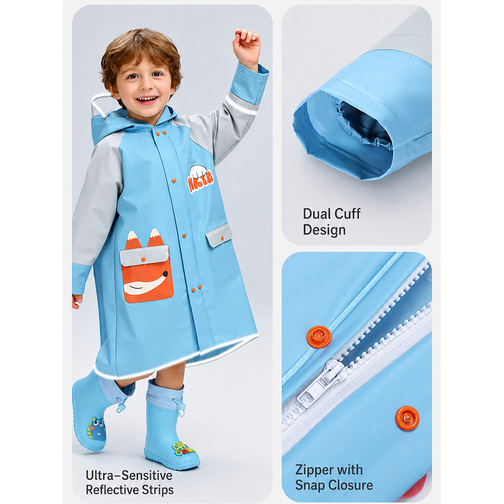 Child wearing a blue raincoat with fox design, showing features like dual cuffs, zipper, and reflective strips.
