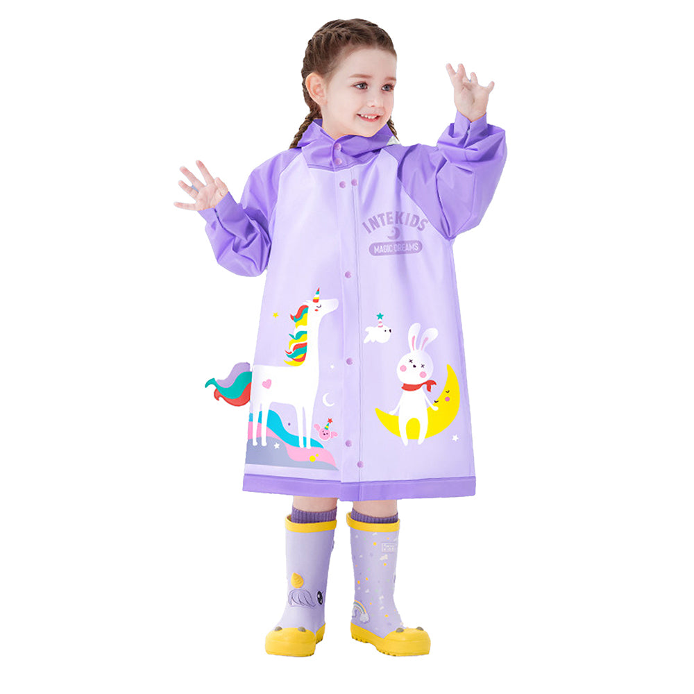 Little Surprise Box 3d Unicorn Lilac Sleeves & Hood Knee Length Raincoat For Kids