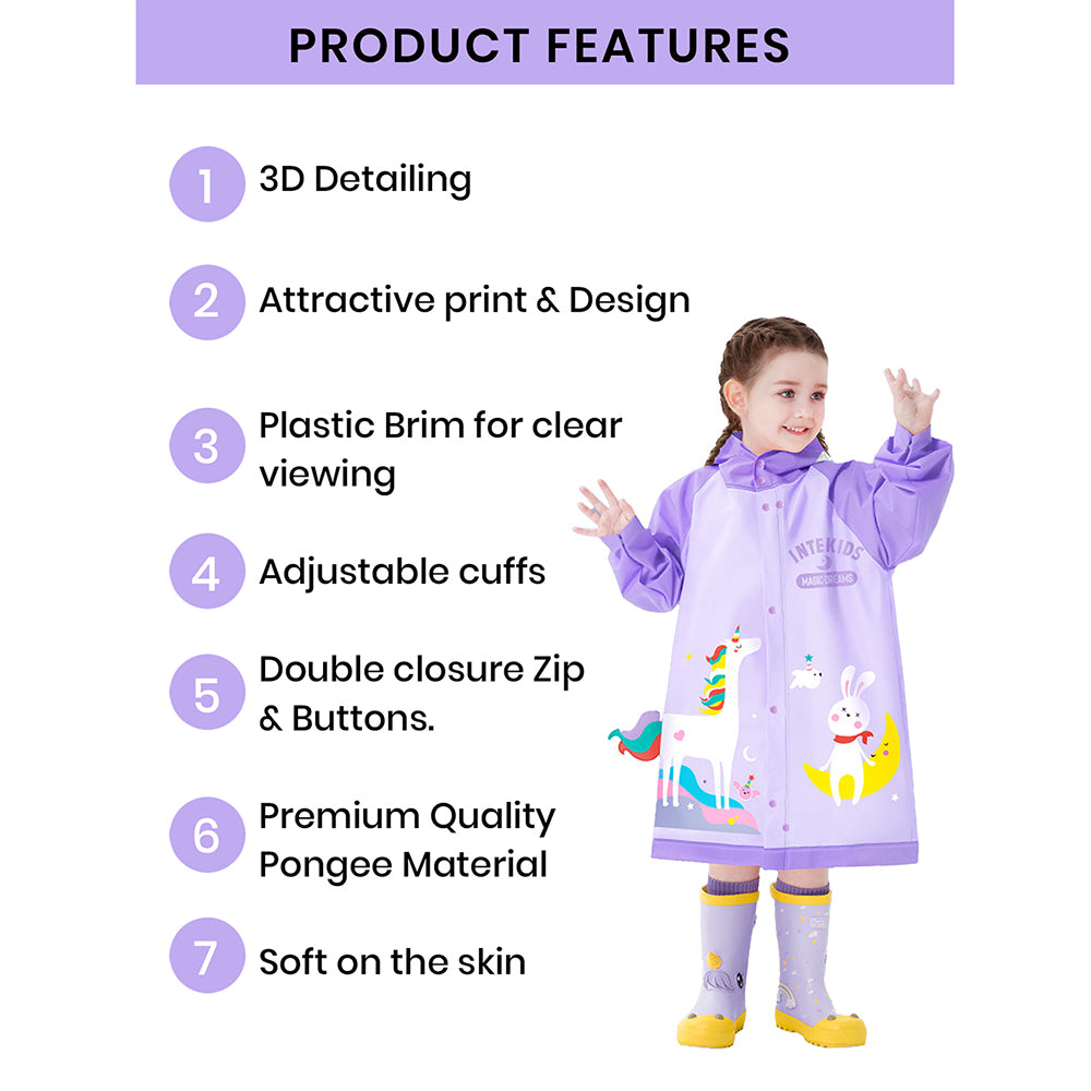 Little Surprise Box 3d Unicorn Lilac Sleeves & Hood Knee Length Raincoat For Kids