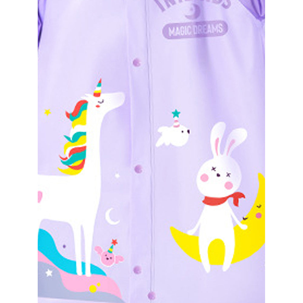 Little Surprise Box 3d Unicorn Lilac Sleeves & Hood Knee Length Raincoat For Kids