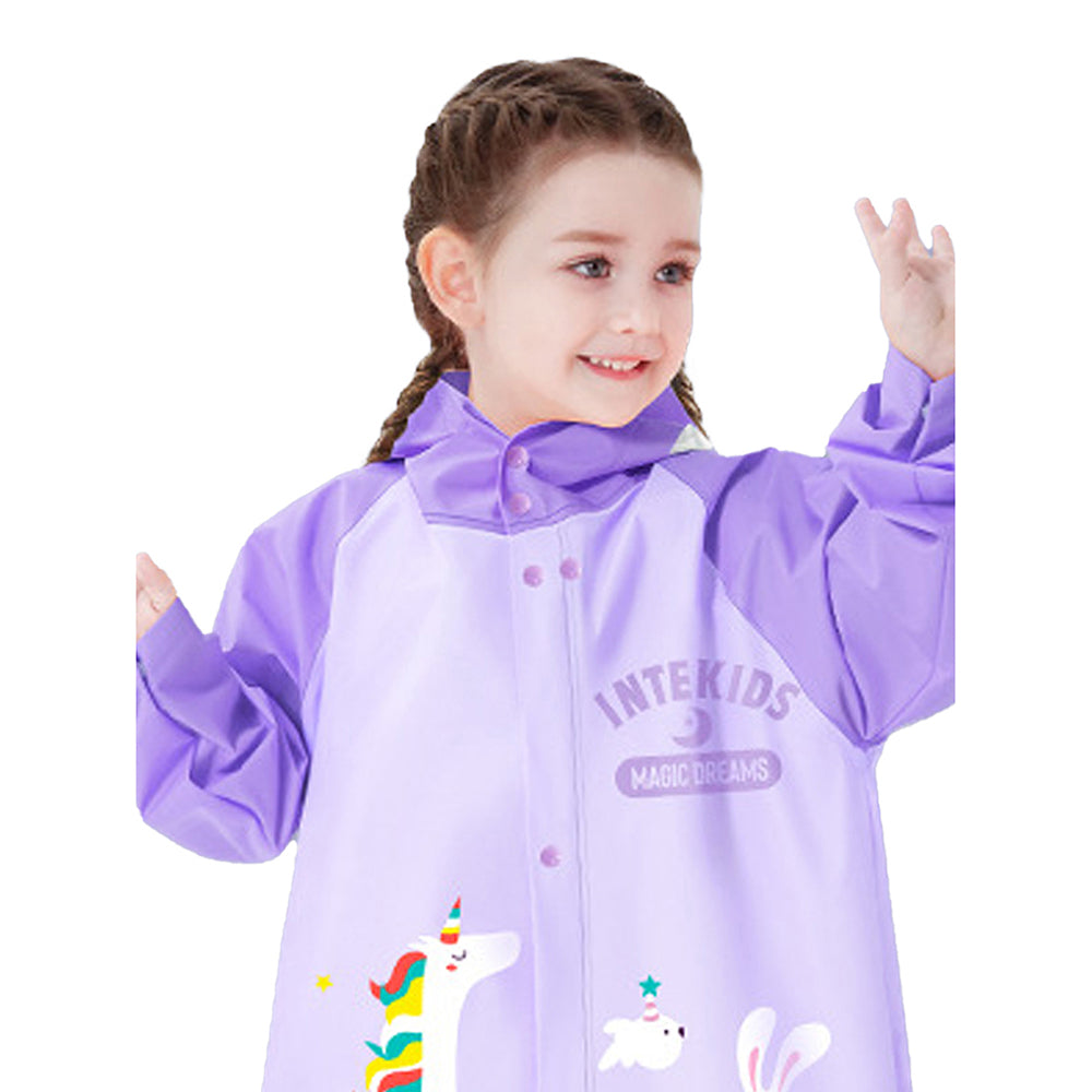 Little Surprise Box 3d Unicorn Lilac Sleeves & Hood Knee Length Raincoat For Kids