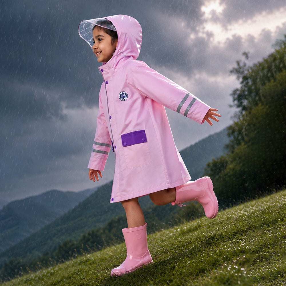 Minimal Pink & Purple Pocket Knee Length Raincoat for Kids - 4 to 8 Years