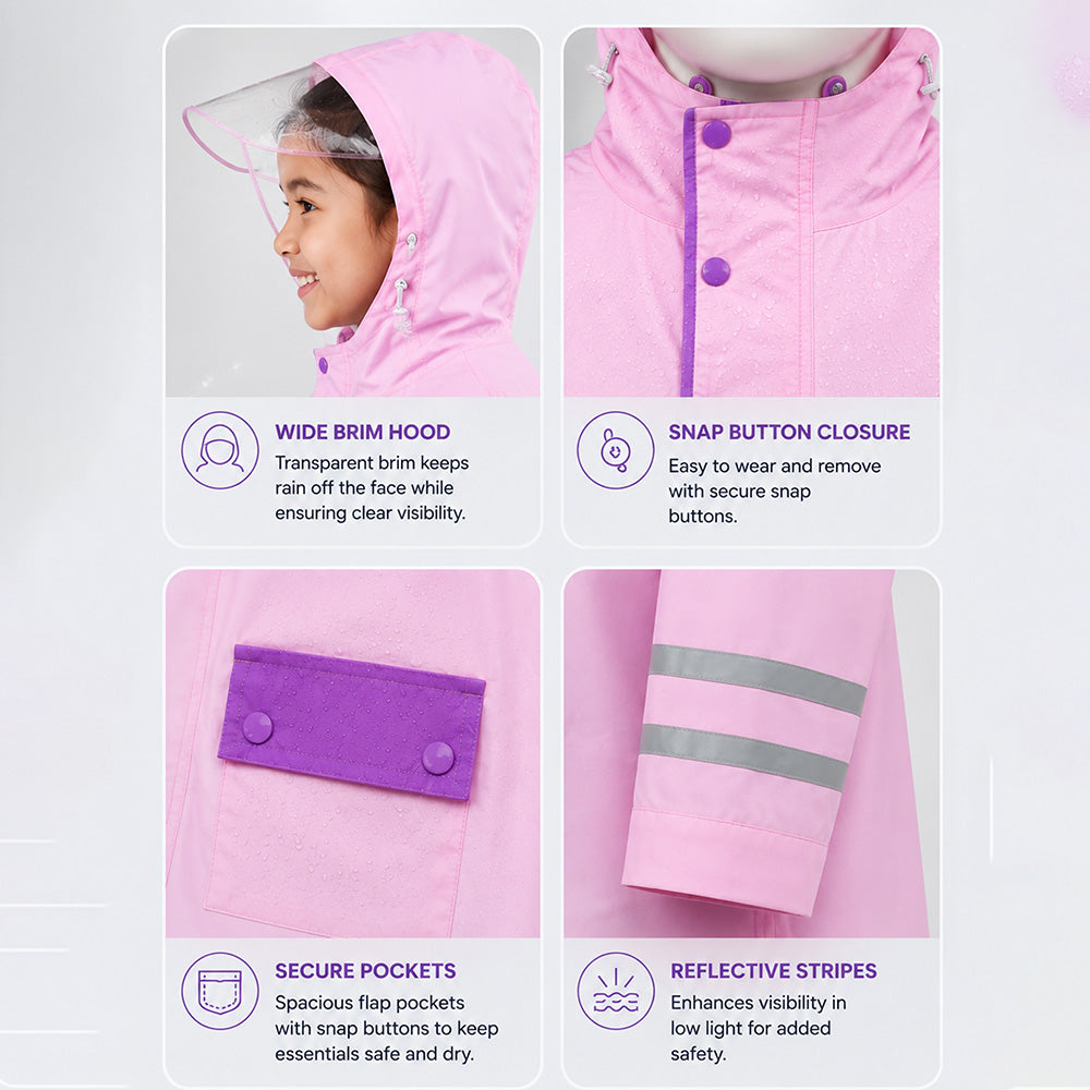 Minimal Pink & Purple Pocket Knee Length Raincoat for Kids - 4 to 8 Years