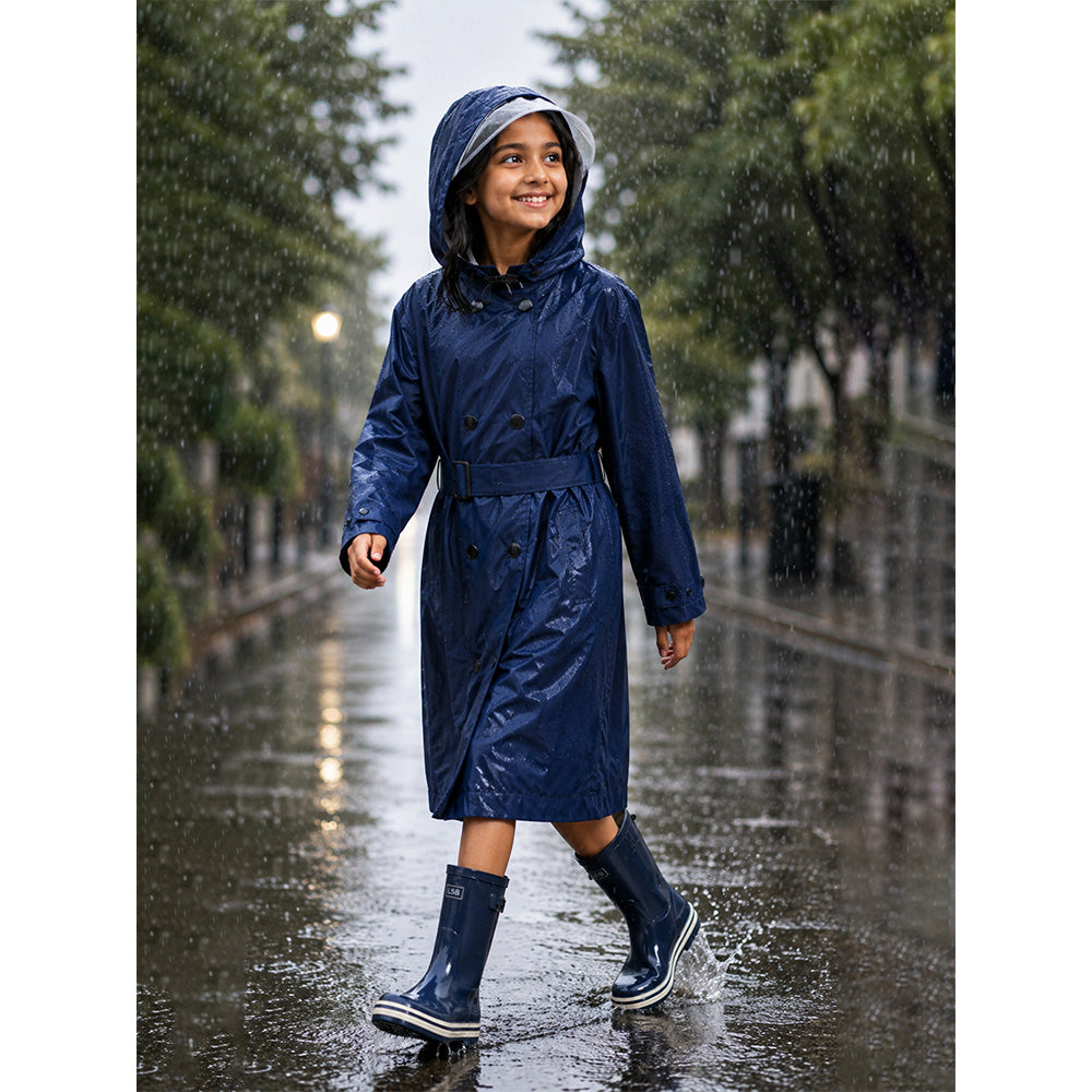 Person wearing a blue raincoat and boots walking on a rainy street.