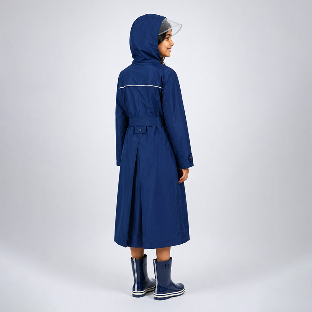 Person wearing a blue raincoat with a clear rain visor on a white background