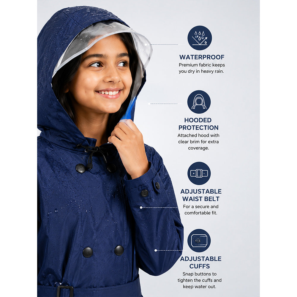Child wearing a blue raincoat with features highlighted on a light gray background