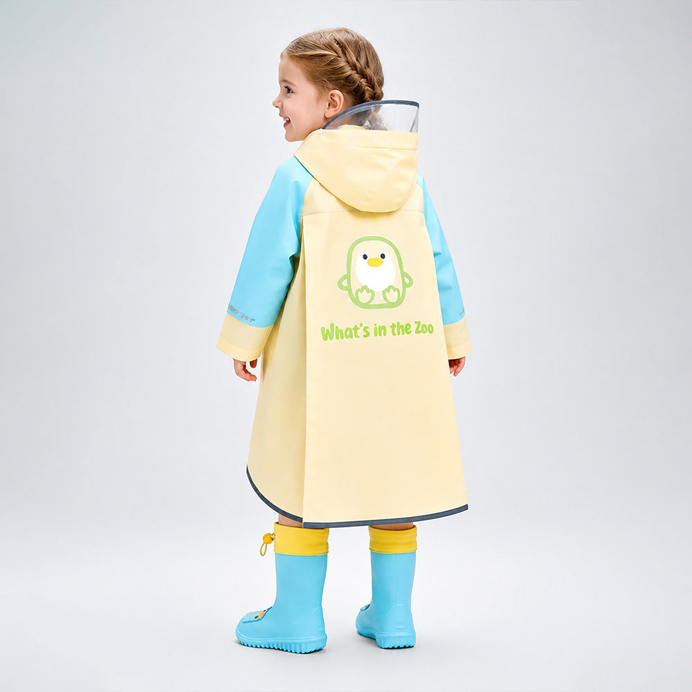 Child wearing a yellow raincoat with blue sleeves and green text on a white background