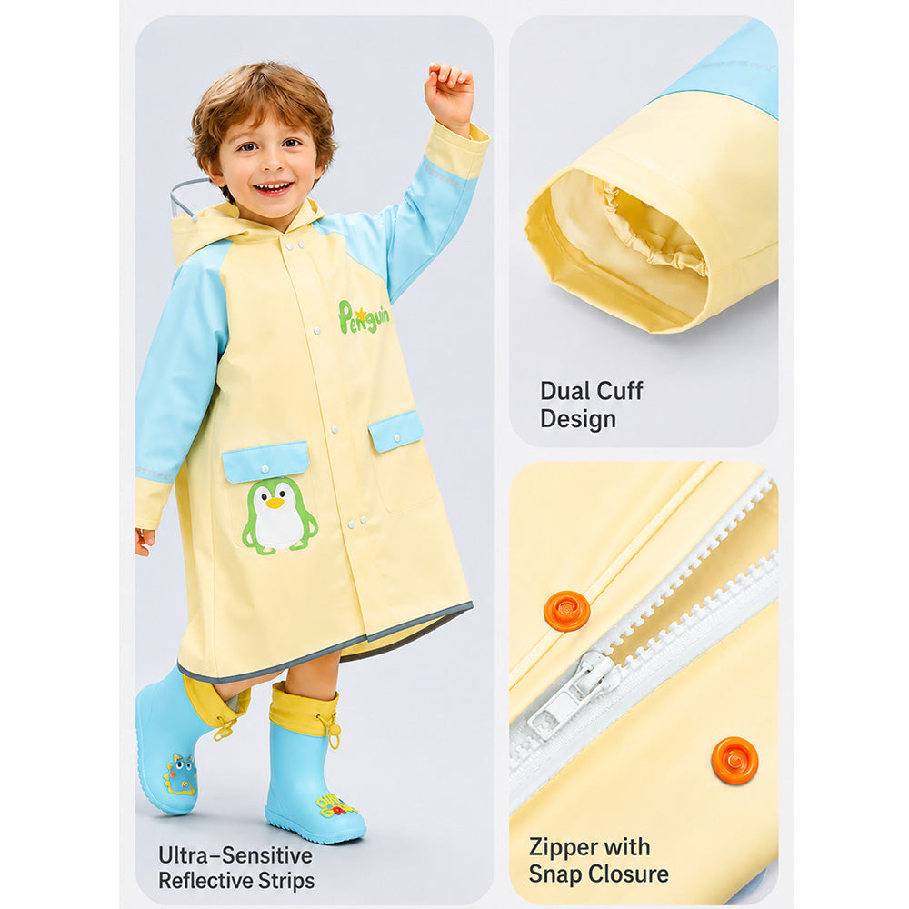 Child wearing a yellow raincoat with penguin design, showing features like dual cuff design, ultra-sensitive reflective strips, and zipper with snap closure.