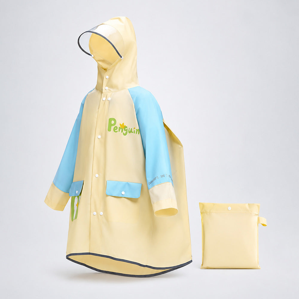 Yellow raincoat with blue sleeves and a matching pouch on a light gray background