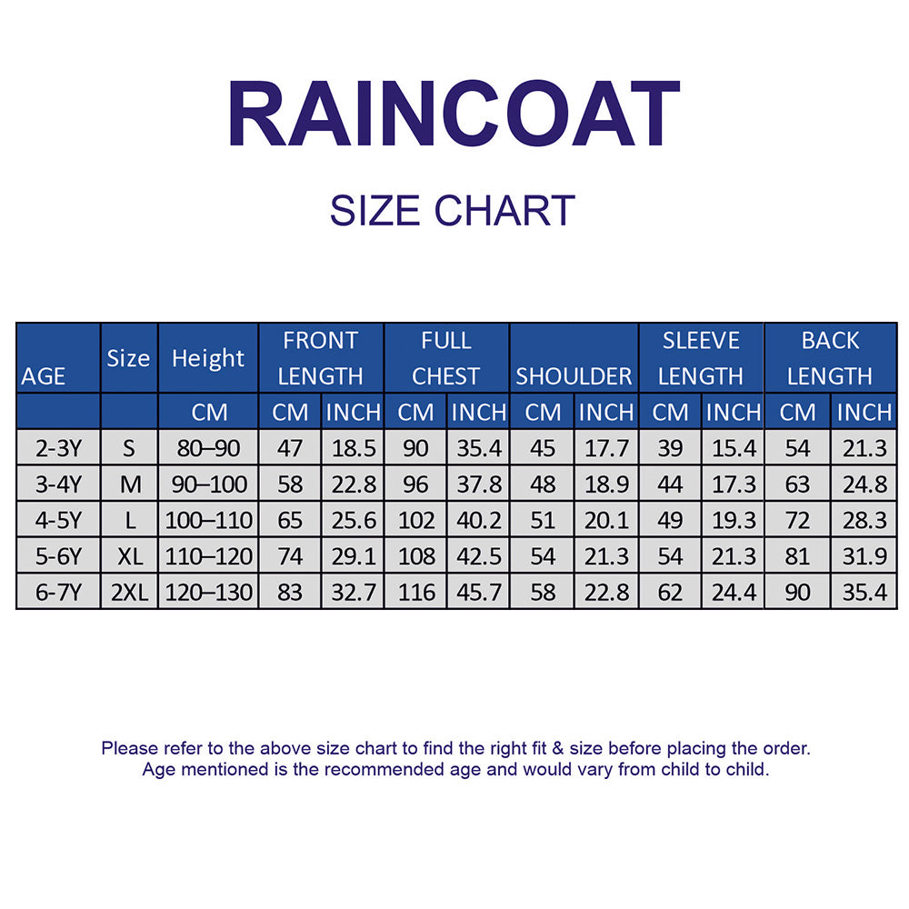 Raincoat size chart with age, size, and measurements on a white background