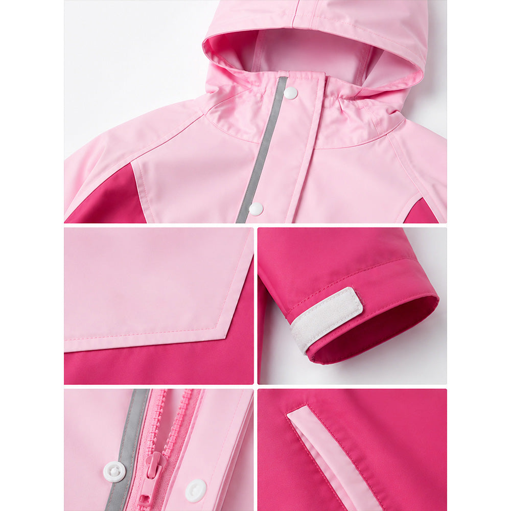 Collage of a pink raincoat with close-up details on a white background