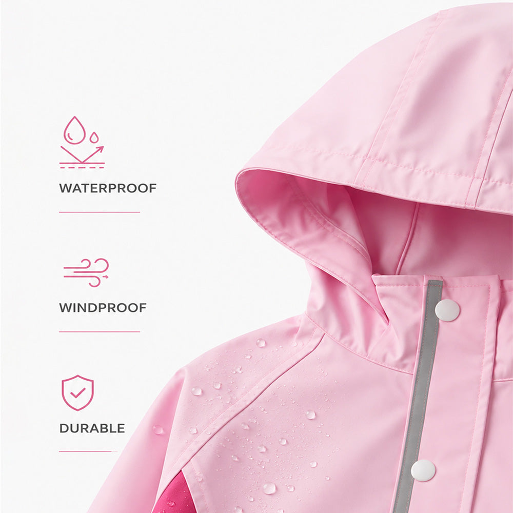 Pink raincoat with waterproof, windproof, and durable features highlighted on a white background.