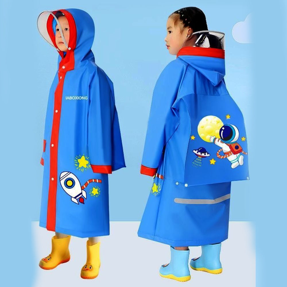 Red Bordered Cobalt Blue Space Theme Long Style Raincoat for Kids
