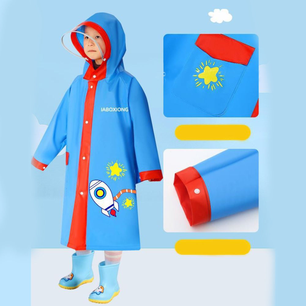 Red Bordered Cobalt Blue Space Theme Long Style Raincoat for Kids