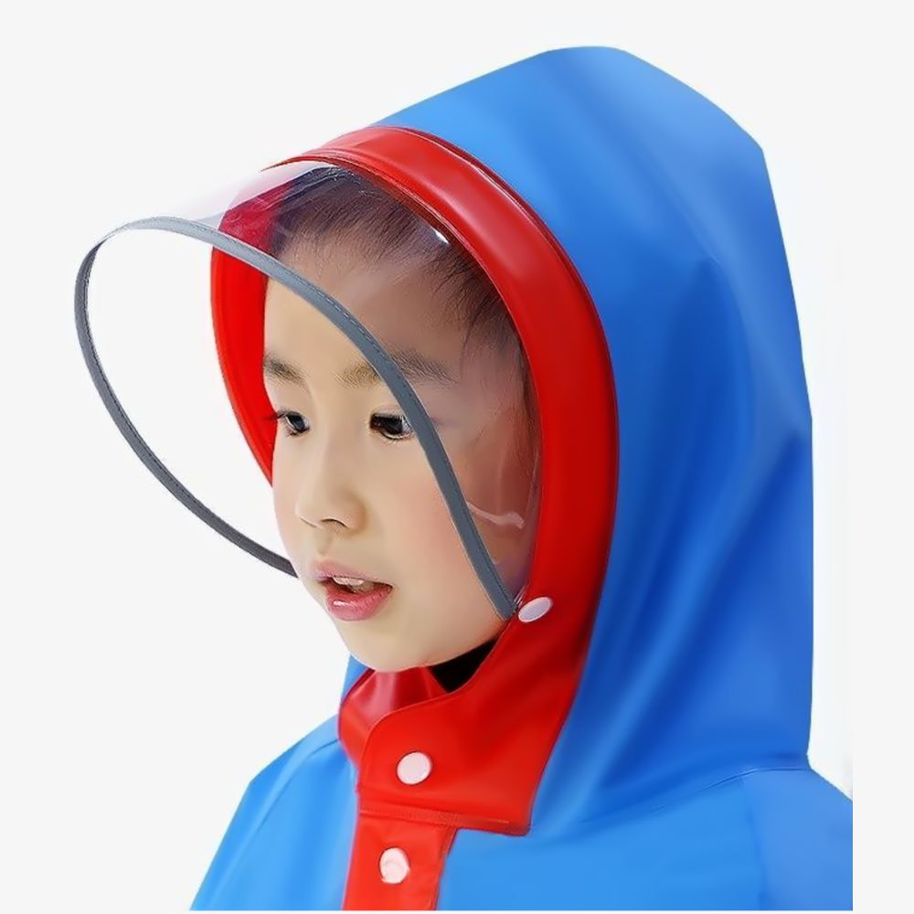 Red Bordered Cobalt Blue Space Theme Long Style Raincoat for Kids