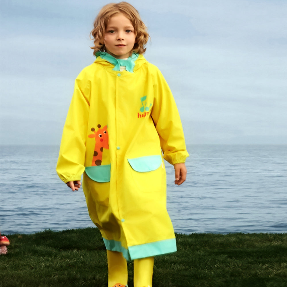 Singing Giraffe Yellow, Mint Knee Length Raincoat For Kids