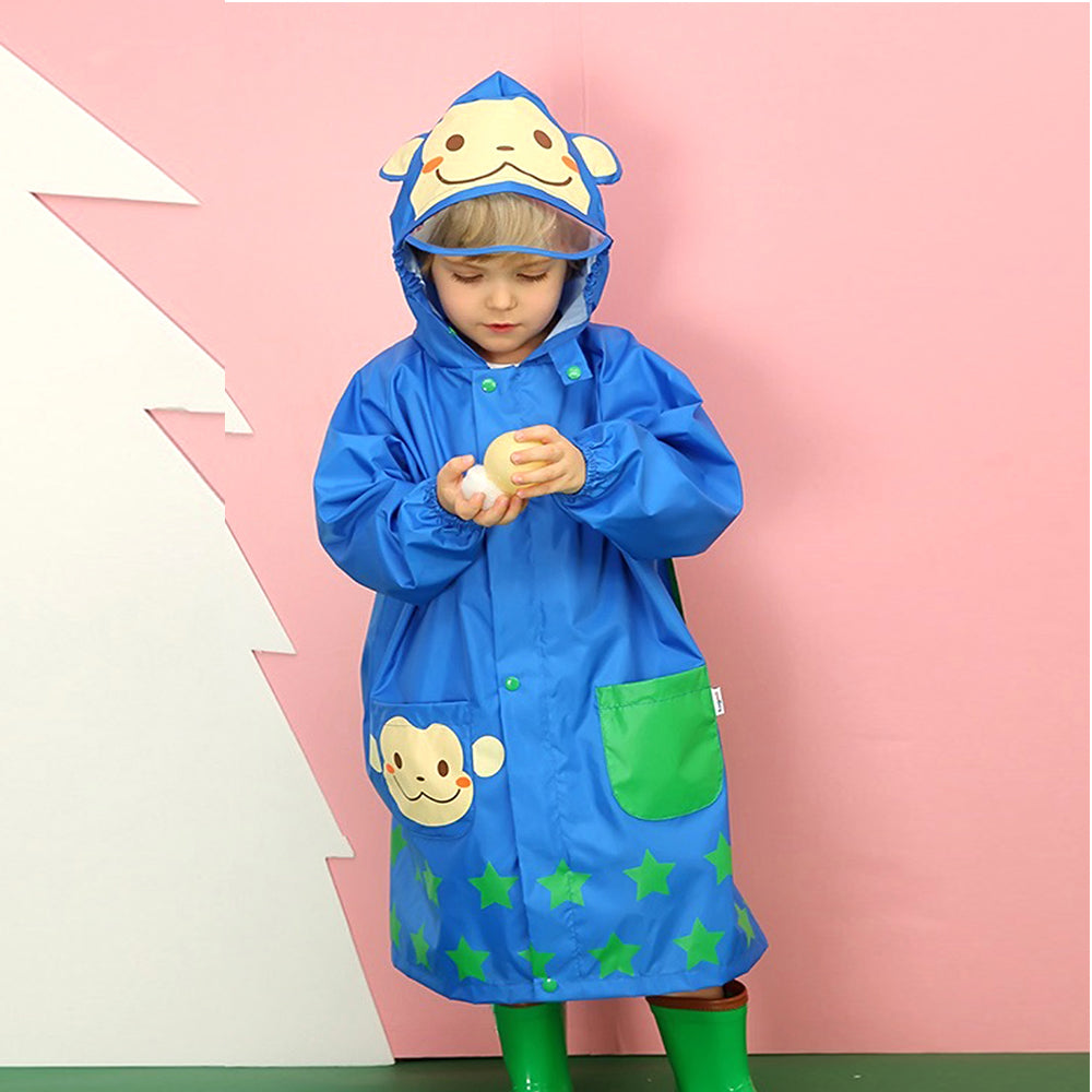 Starry Monkey Cobalt Blue Long Style Raincoat For Kids