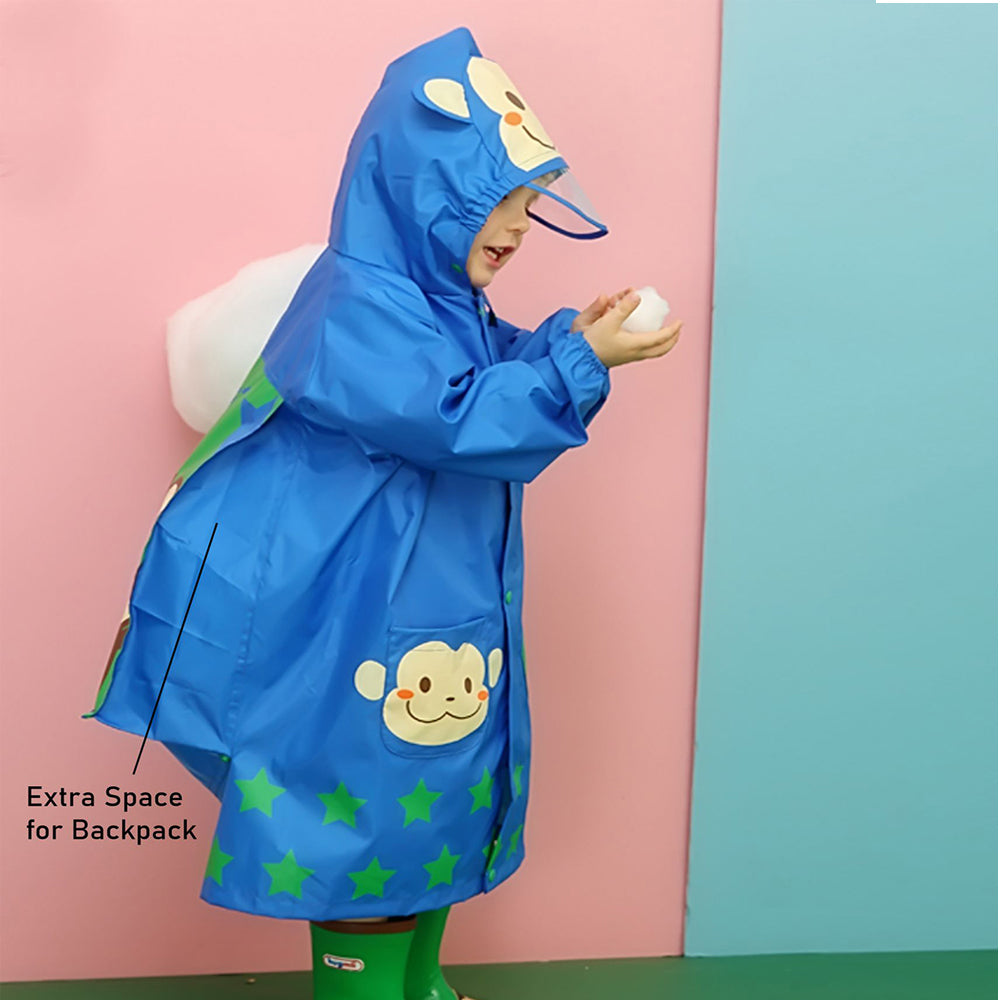Starry Monkey Cobalt Blue Long Style Raincoat For Kids