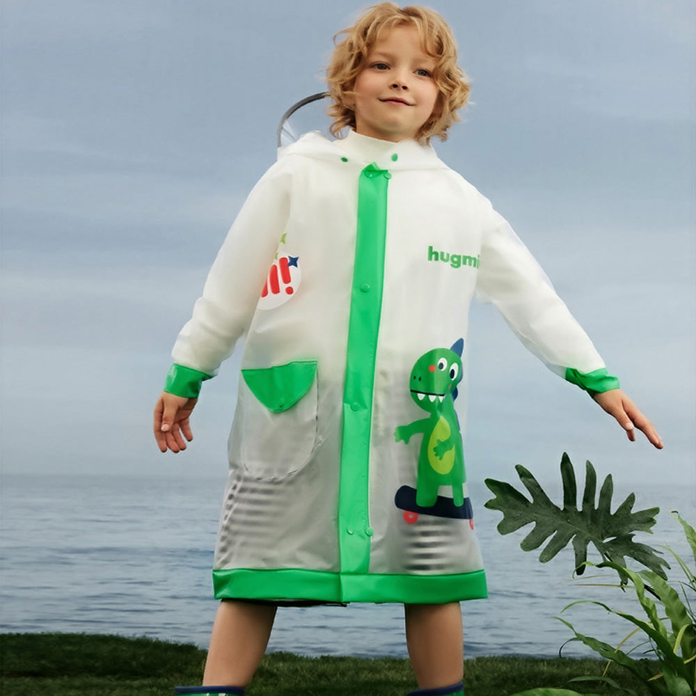 Frog Green Bordered Translucent Long Style Raincoat For Kids
