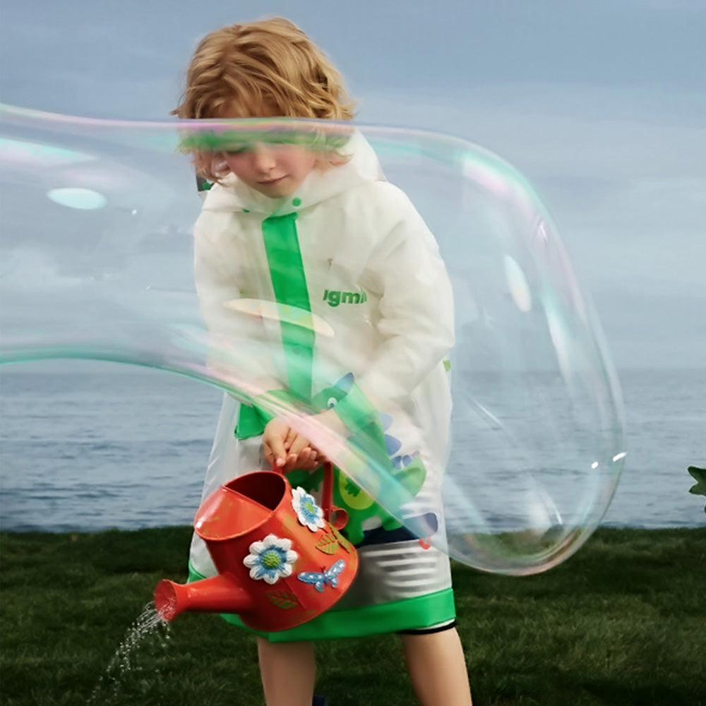 Frog Green Bordered Translucent Long Style Raincoat For Kids