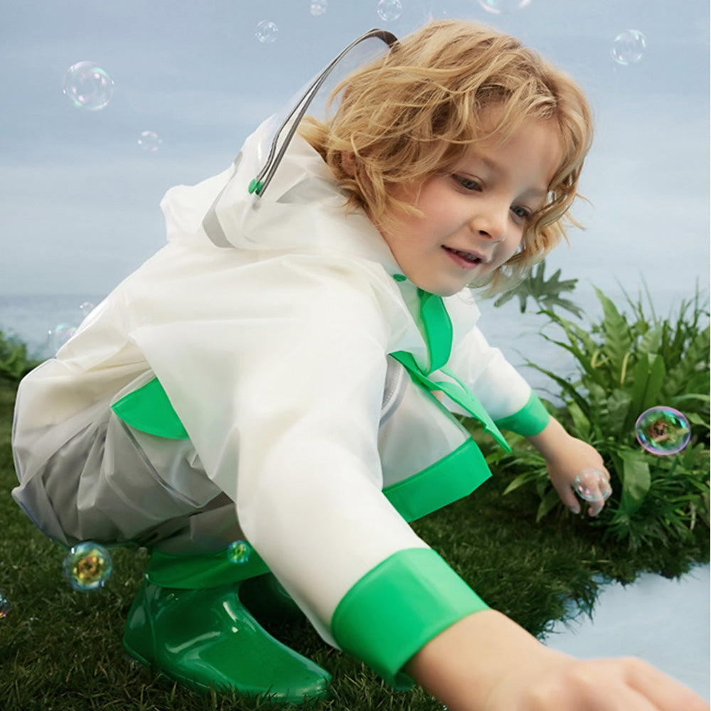Frog Green Bordered Translucent Long Style Raincoat For Kids