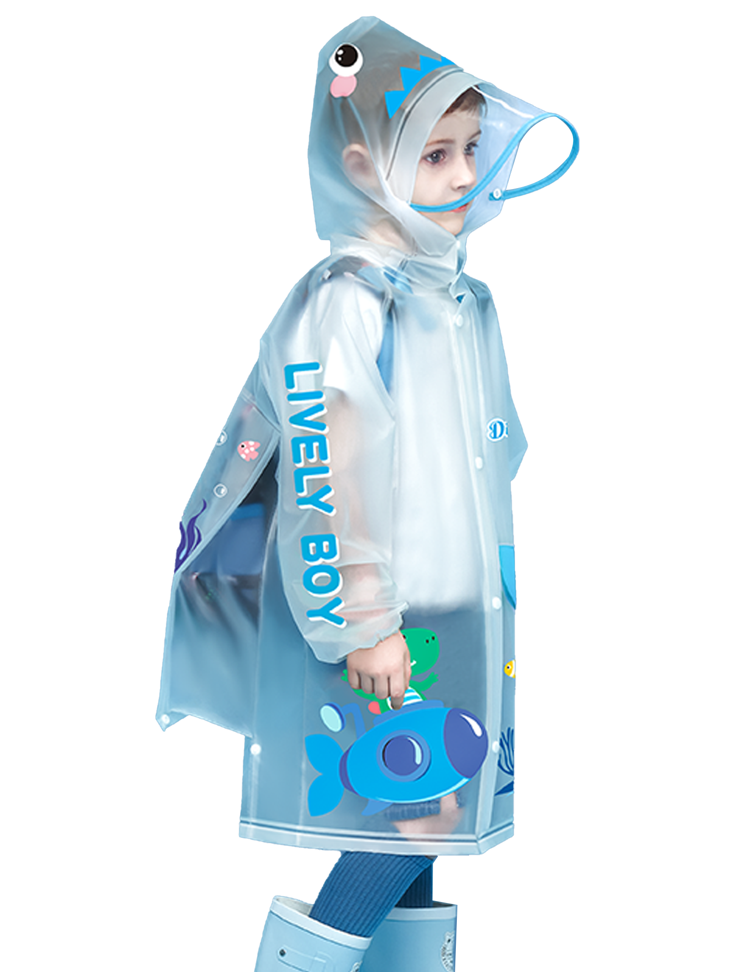 Little Surprise Box Blue Dino Submarine Transluscent Raincoat for Kids