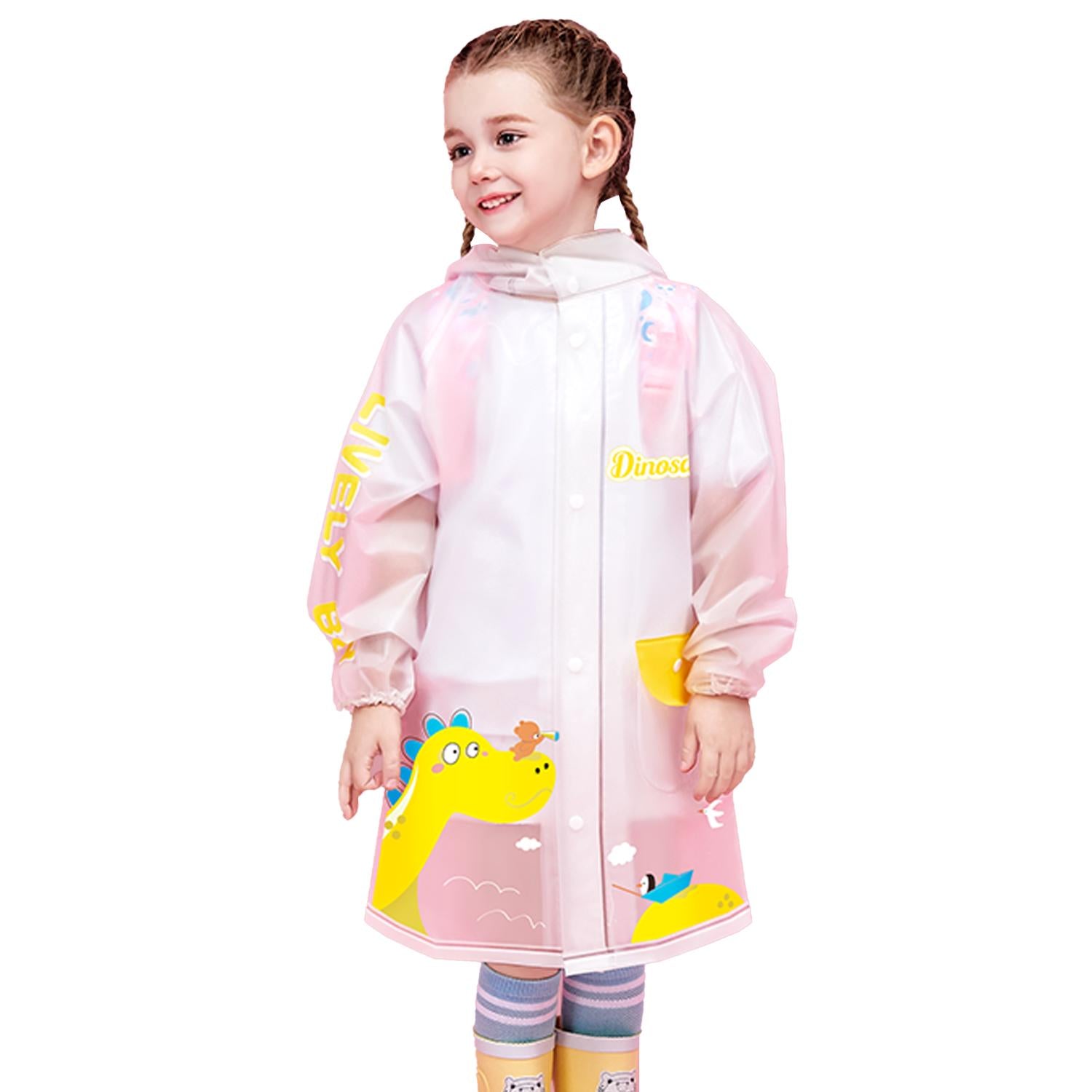 Little Surprise Box Yellow Dino Print Translucent Raincoat For Kids