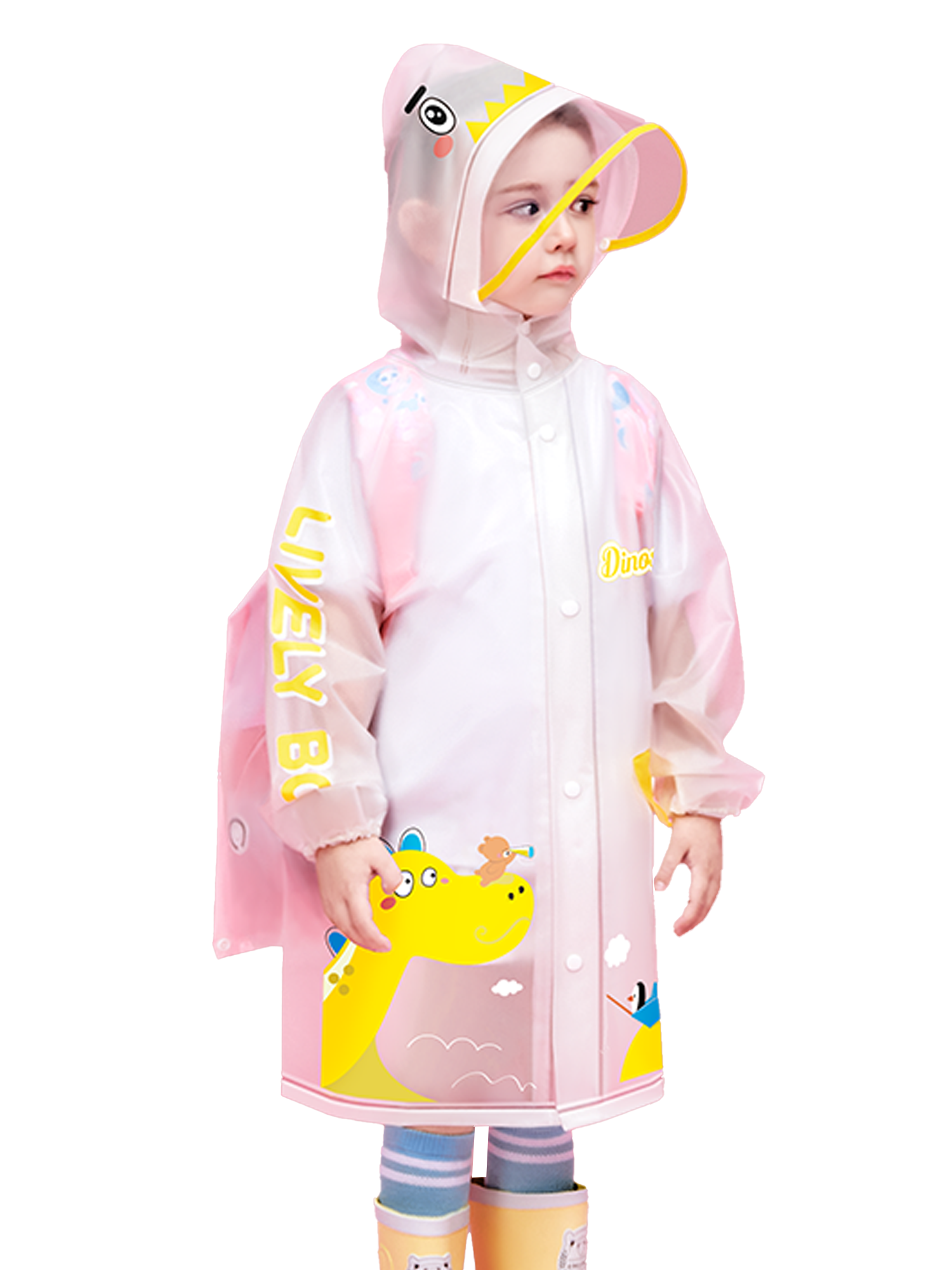 Little Surprise Box Yellow Dino Print Translucent Raincoat For Kids