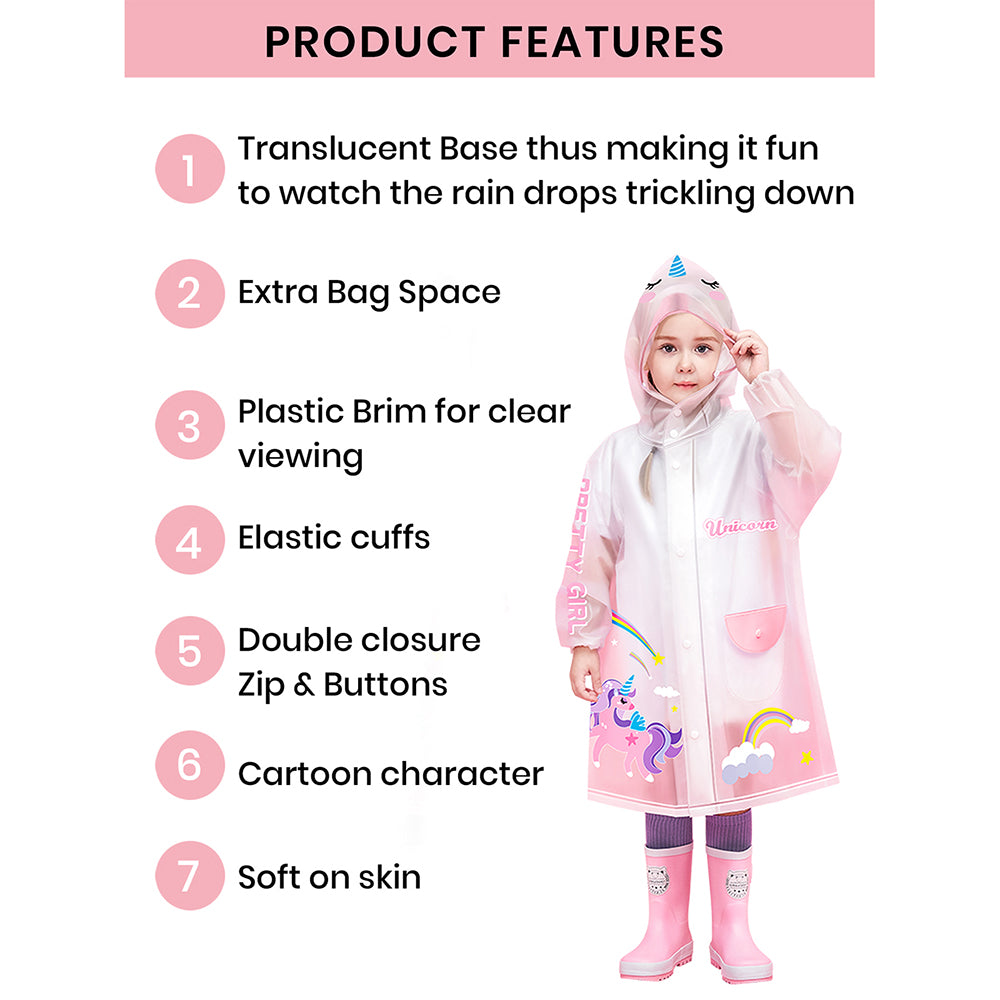 Little Surprise Box Pink Unicorn print Translucent Raincoat For Kids