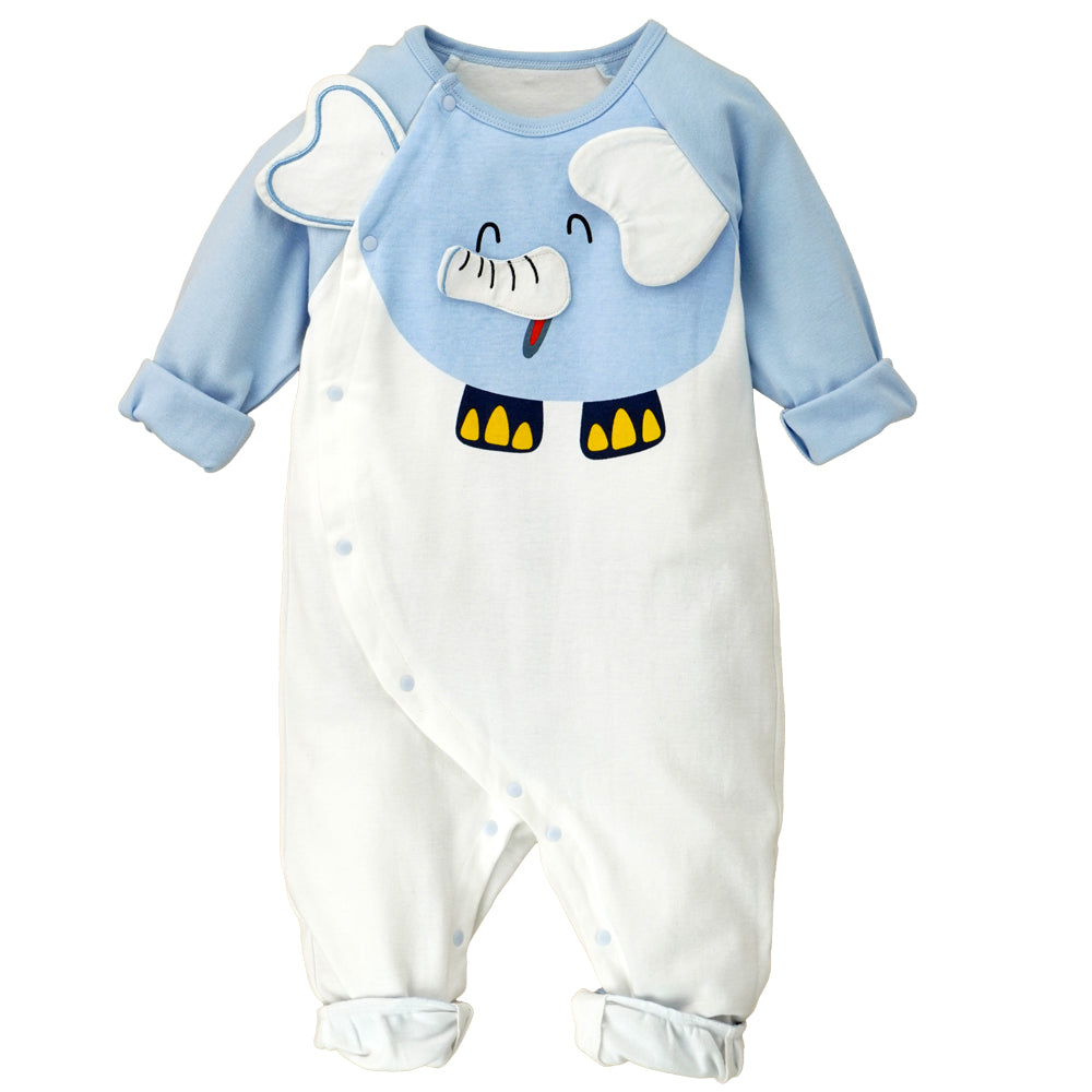 Little Surpise Box, Blue 3D Eared Elephant Theme Full Sleeves Jumpsuit Romper For Tiny Toddlers-6-12M