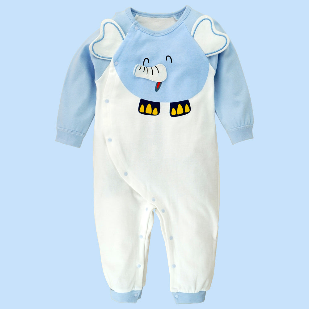 Little Surpise Box, Blue 3D Eared Elephant Theme Full Sleeves Jumpsuit Romper For Tiny Toddlers-6-12M