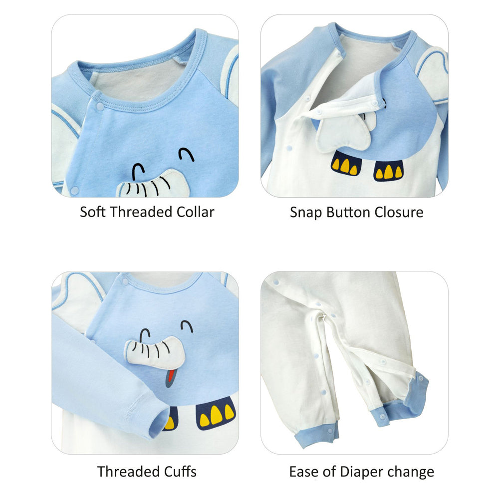 Little Surpise Box, Blue 3D Eared Elephant Theme Full Sleeves Jumpsuit Romper For Tiny Toddlers-6-12M