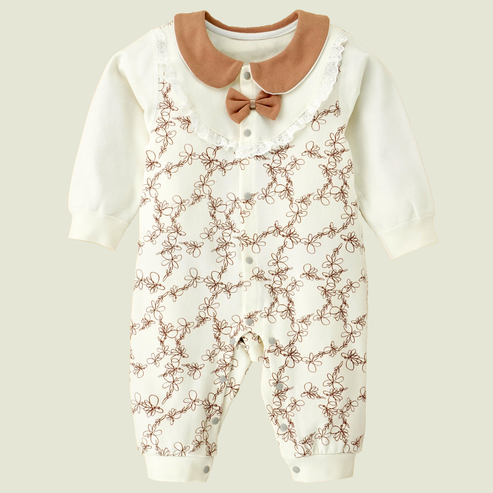 Little Surprise Box, Brown Doodle Butterfly Full Sleeves Jumpsuit Style Romper For Tiny Toddlers