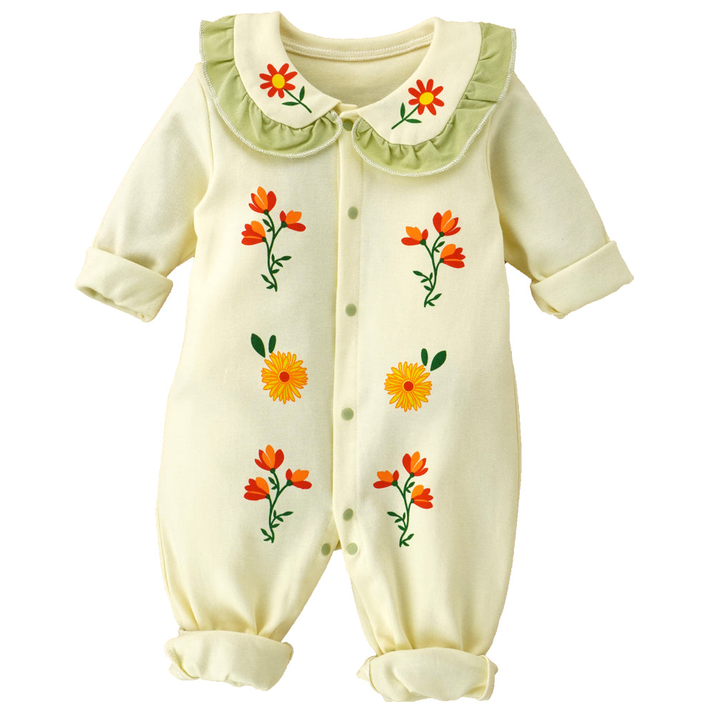 Little Surprise Box, Cream Ruffled Green Neck Floaral Pattern Full Sleeves Romper For Tiny Toddlers