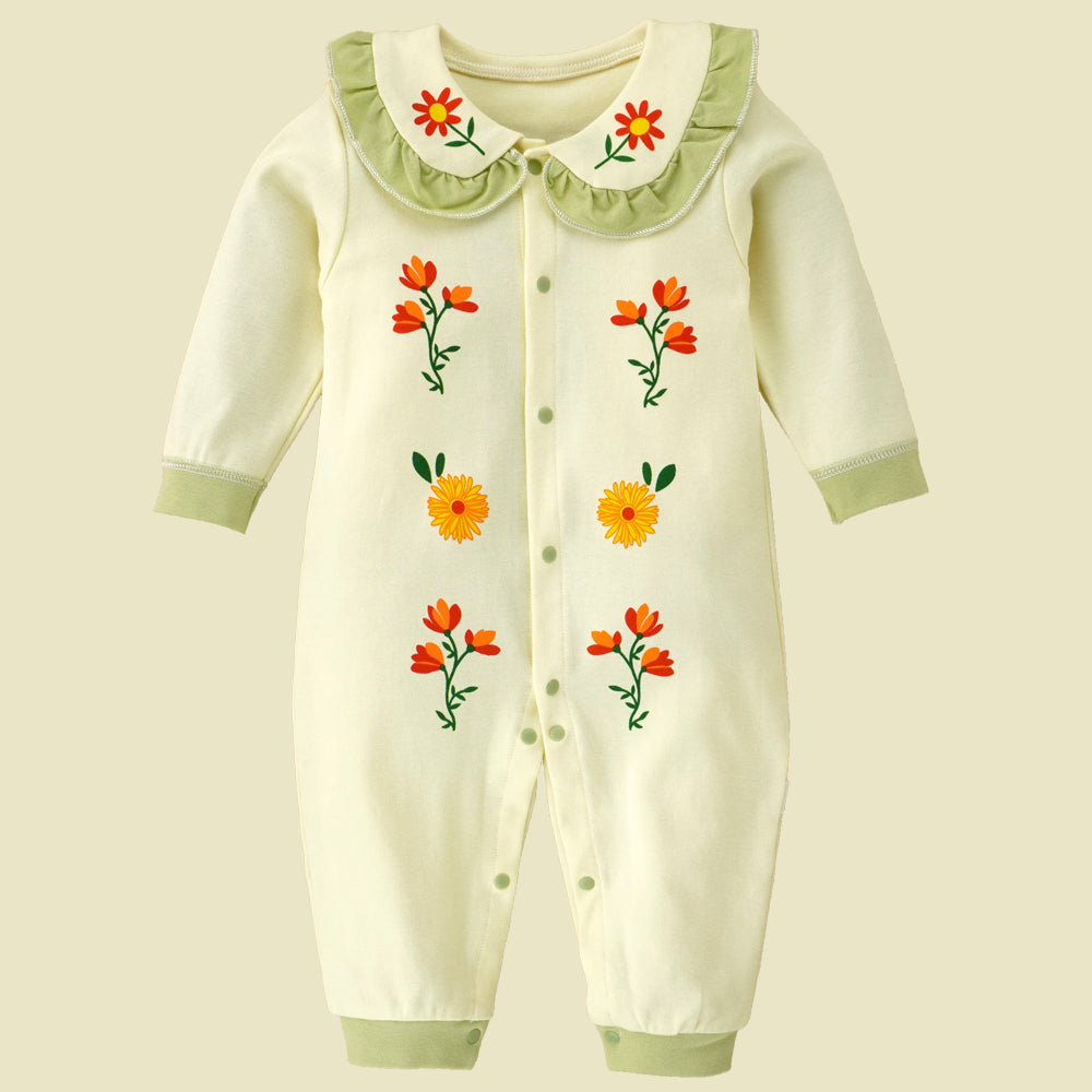 Little Surprise Box, Cream Ruffled Green Neck Floaral Pattern Full Sleeves Romper For Tiny Toddlers