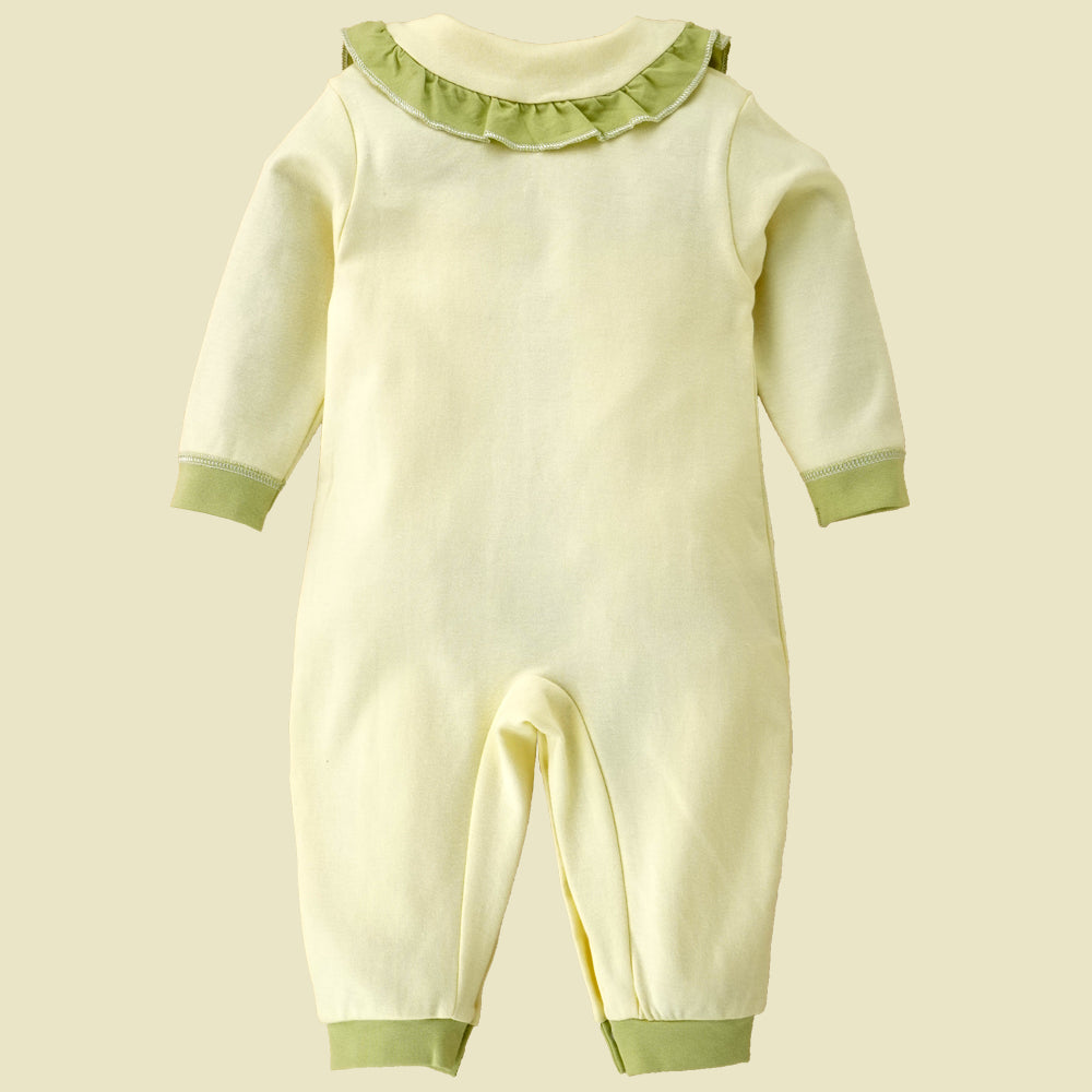 Little Surprise Box, Cream Ruffled Green Neck Floaral Pattern Full Sleeves Romper For Tiny Toddlers