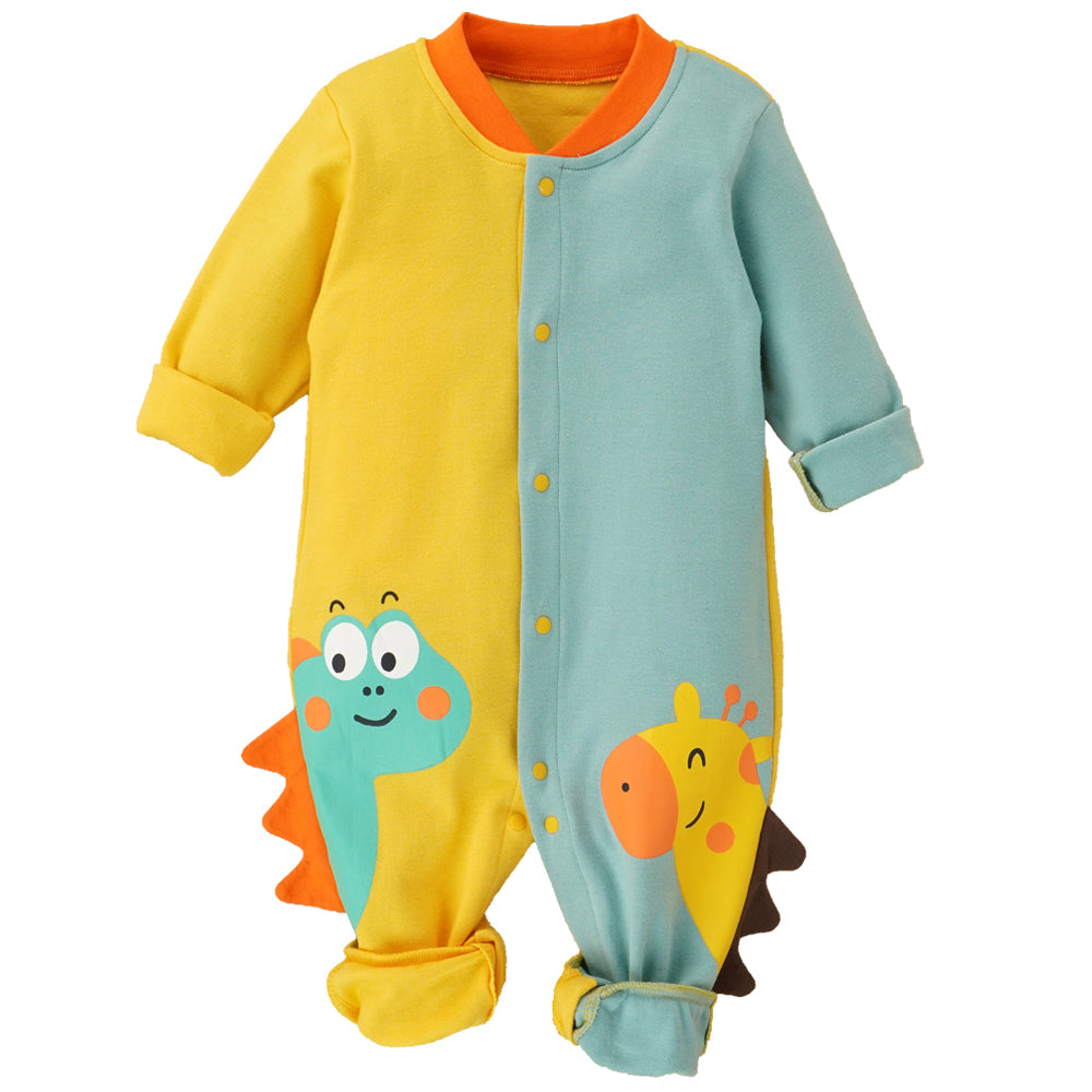 Little Surrpise Box, Giraffe & Dino Colorblock Full Sleeves Jumpsuit Romper For Tiny Toddlers