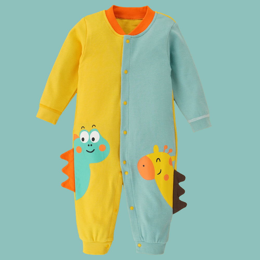 Little Surrpise Box, Giraffe & Dino Colorblock Full Sleeves Jumpsuit Romper For Tiny Toddlers