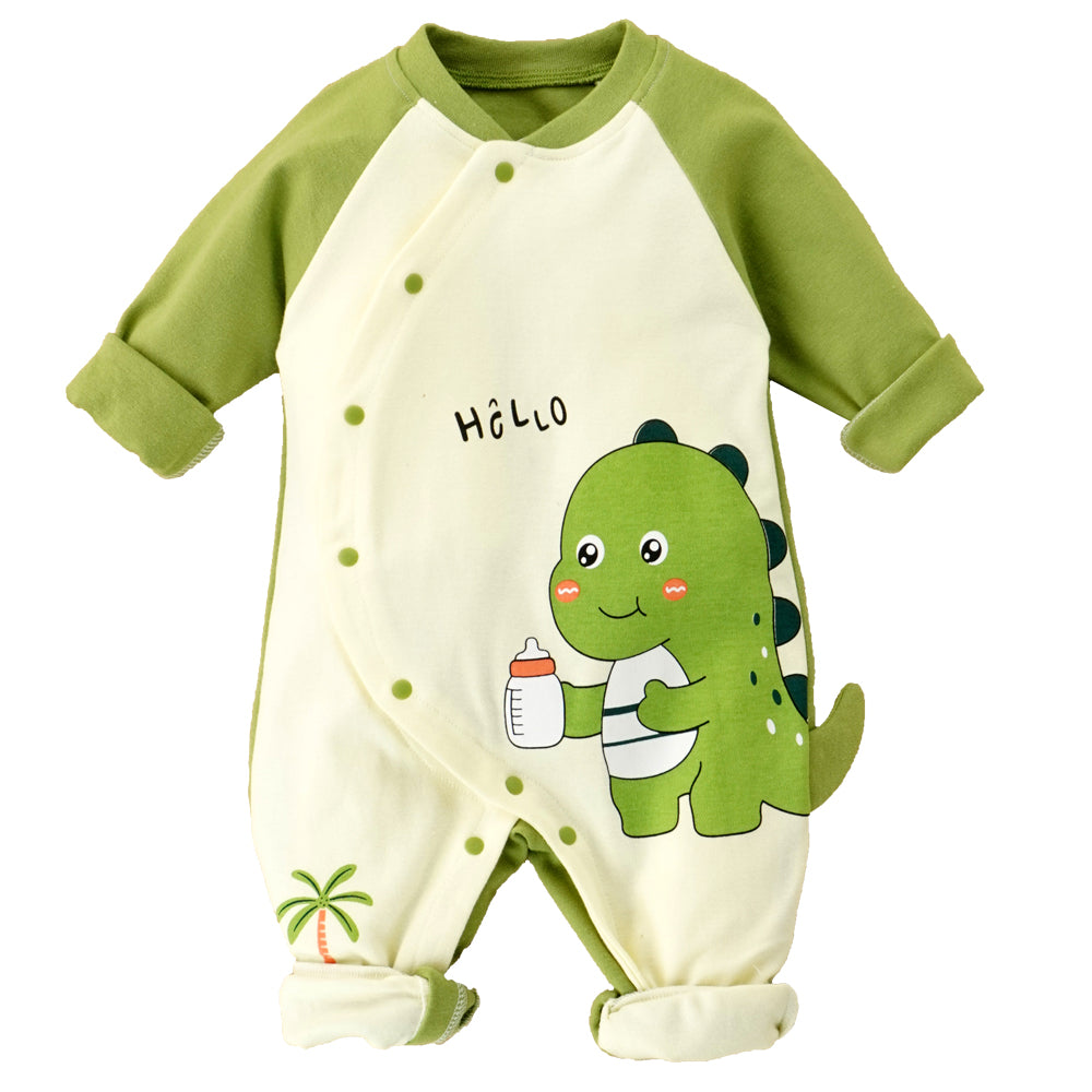 Little Surprise Box, Green Baby Bottle Dino Full Sleeves Jumpsuit Style Romper For Tiny Toddlers