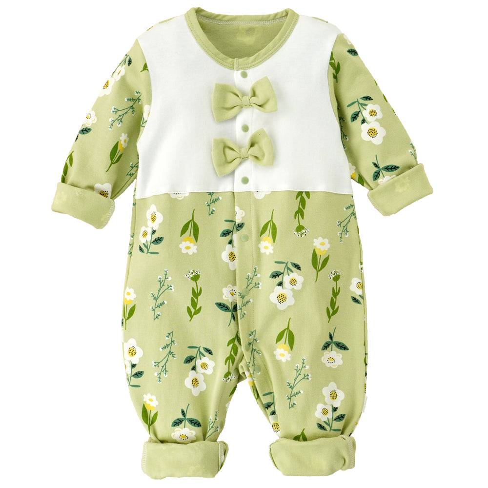 Little Surprise Box, Green Bow & Florals Full Sleeves Jumpsuit Style Romper For Tiny Toddlers