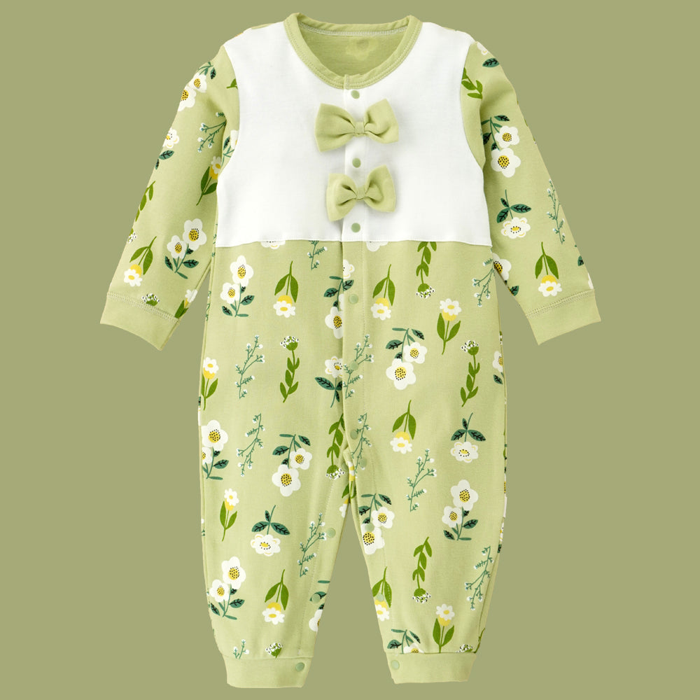 Little Surprise Box, Green Bow & Florals Full Sleeves Jumpsuit Style Romper For Tiny Toddlers