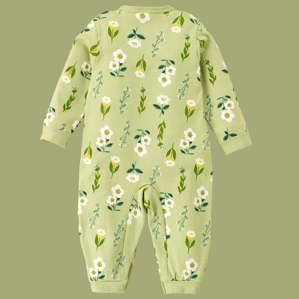 Little Surprise Box, Green Bow & Florals Full Sleeves Jumpsuit Style Romper For Tiny Toddlers