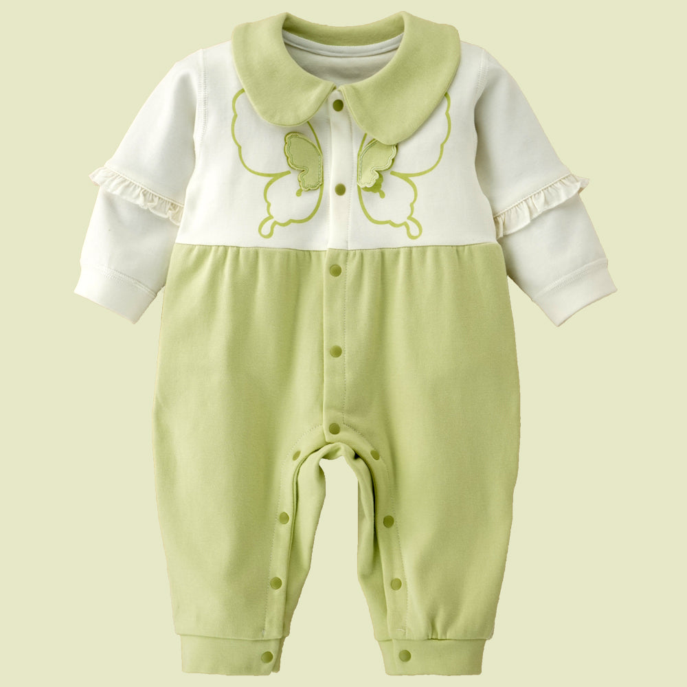 Little Surprise Box, Green & Cream  Butterfly Full Sleeves Jumpsuit Style Romper For Tiny Toddlers